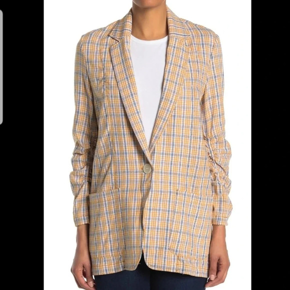 NWT Max Studio Yellow & Blue Plaid Linen Blend Oversized Blazer XS - Picture 1 of 8